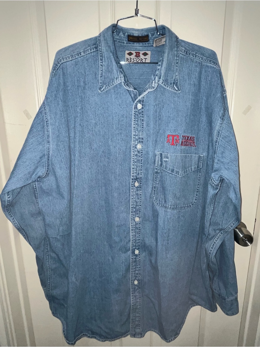 Vintage Texas A&M Embroidered Light Blue Denim Button-Down Shirt by